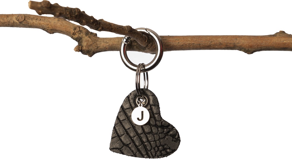 Madhura Bags Sleutelhanger Hart Zwart - Buffelleer- Lichte krokodillenprint - Naamletter J