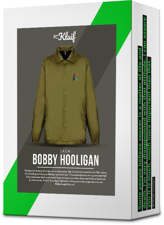 Doos met groen FC Kluif 'Bobby Hooligan' jack en tekst: 'Some people believe soccer is a matter of life and death...'.