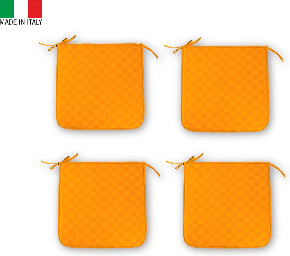 Zitkussen Set 4x - Geschikt voor Tuin - Tuinstoelkussen - Oranje - Made in Italy - Stoelkussen 40x40 cm - Met Vlekbestendige Behandeling - Zitkussens met lint – Kussens voor Stoelen - Chairpad