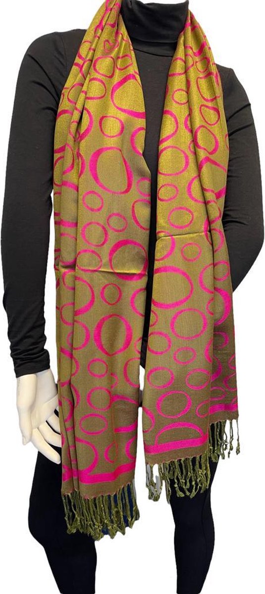 Sjaal- Pashmina Sjaal- Fashion Sjaals- Pareo- Omslagdoek 205/2- Olijfgroen met roze