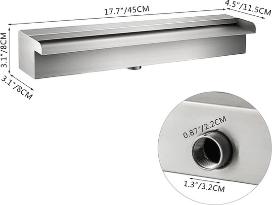 Polaza® Waterval Overlaat - voor Vijver, Zwembad - Binnen & Buiten - Watervallen - Kamerfontein - Fontein - 45x11.5x8 cm - Zilver
