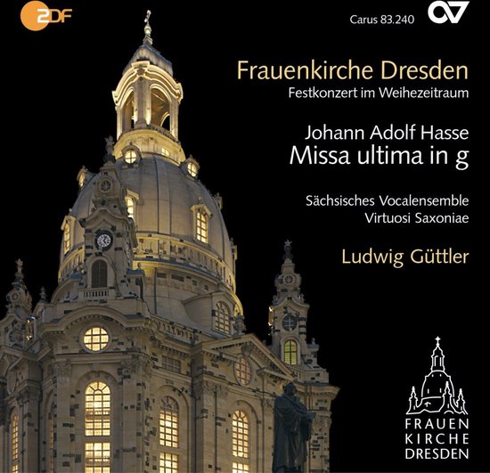 CD-hoes met een nachtopname van de verlichte Frauenkirche Dresden, met de titel van de muziek 'Missa ultima in g'.