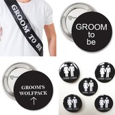 12-delige Vrijgezellenfeest set Grooms Wolfpack met sjerp en diverse buttons - bruidegom - groom - trouwen - vrijgezellenfeest - button - sjerp
