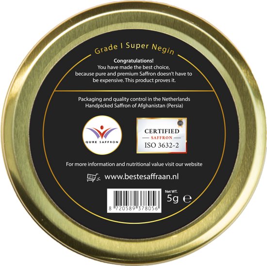 Gouden deksel met tekst: 'Grade 1 Super Negin', 'Congratulations! You have made the best choice, because pure and premium Saffron doesn't have to be expensive. This product proves it.', 'Packaging and quality control in the Netherlands', 'Handpicked Saffron of Afghanistan (Persia)', 'CERTIFIED SAFFRON ISO 3632-2', 'QU Re SAFFRON', 'www.bestesaffraan.nl', '8 720589 378056', 'Net WT. 5g e'.
