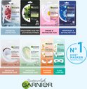 Overzicht van Garnier Skinactive gezichtsmaskers, waaronder Hydra Bomb oogmaskers.