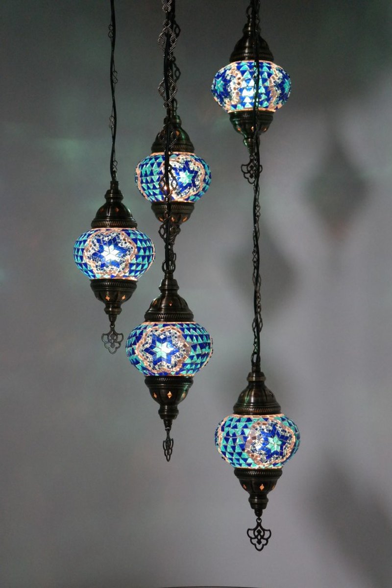 Turkse lamp - Oosterse lamp - Hanglamp - Blauw - 5 bollen - mozaïek