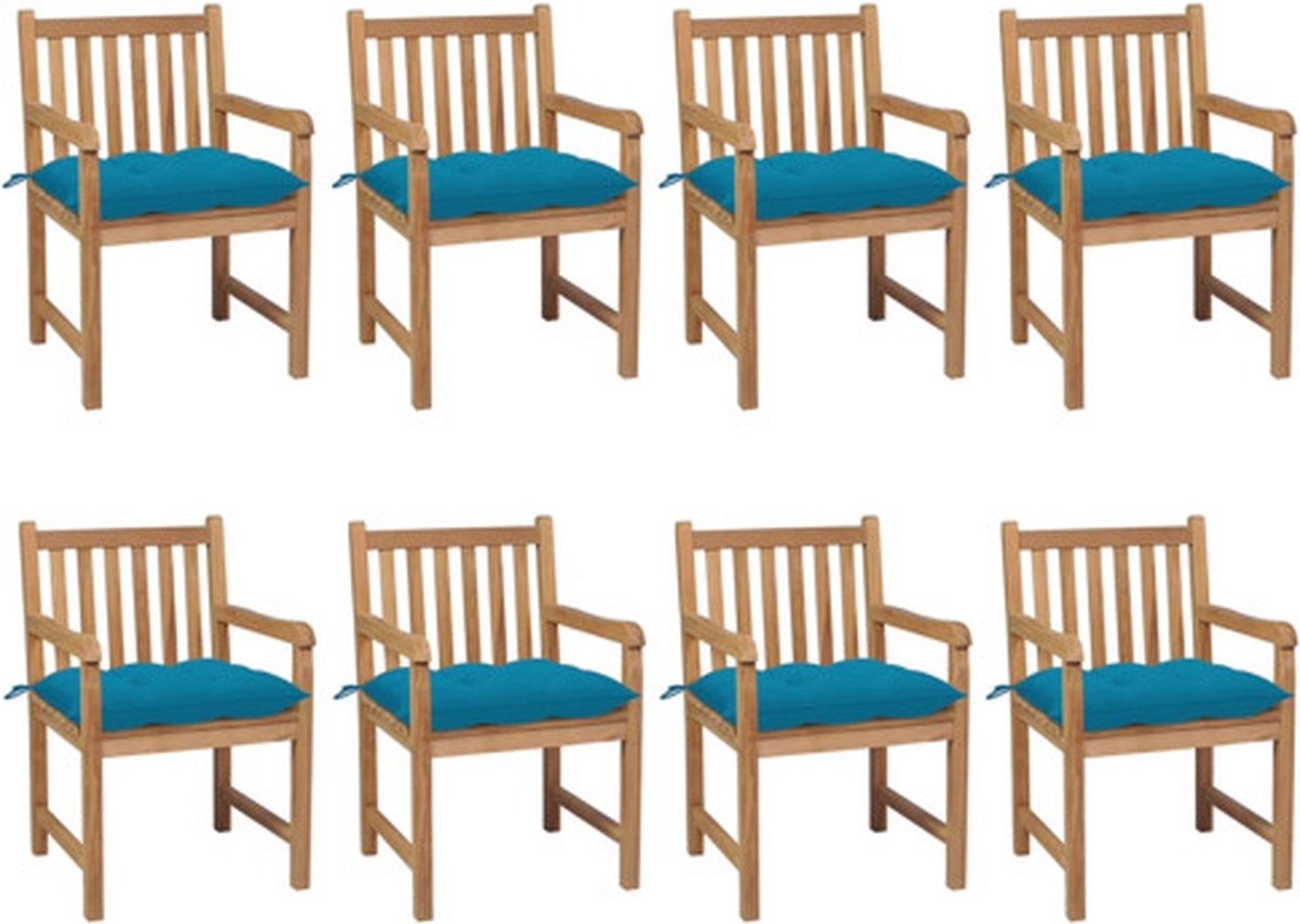 vidaXL - Tuinstoelen - 8 - st - met - lichtblauwe - kussens - massief - teakhout