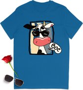 Grappig t Shirt met Cartoon Koe - Dames t shirt met print - Heren t shirt met opdruk - Unisex maten: S M L XL XXL XXXL - Tshirt kleuren: wit, khaki, blauw en groen.