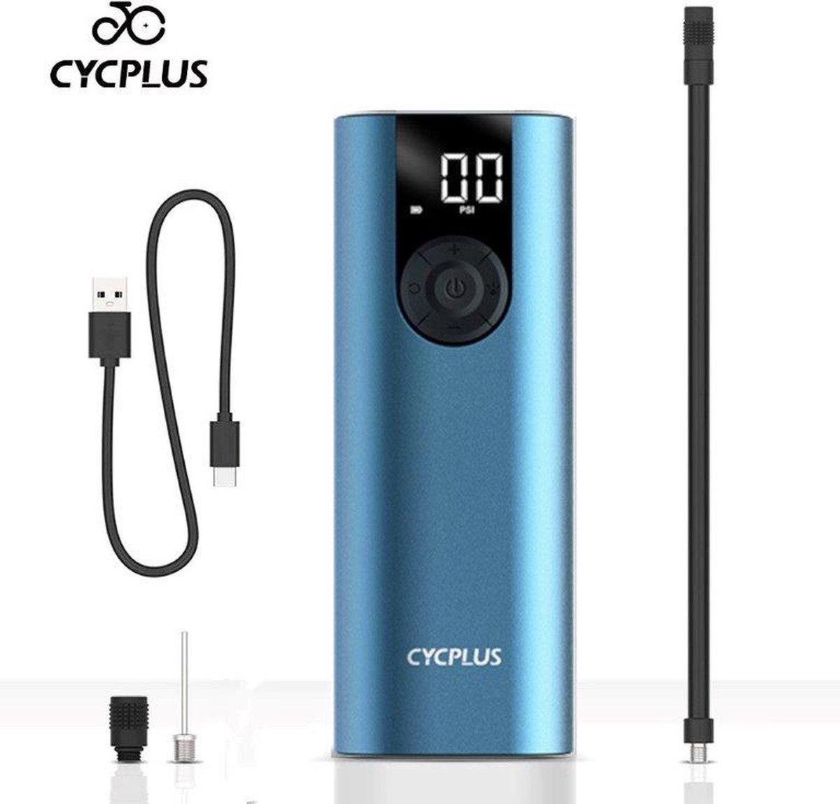 Cycplus A8 (Blauw) - Elektrische fietspomp - Bandenpomp - Accupomp - Draagbare fietspomp - Fietspomp met drukmeter - Autopomp met drukmeter