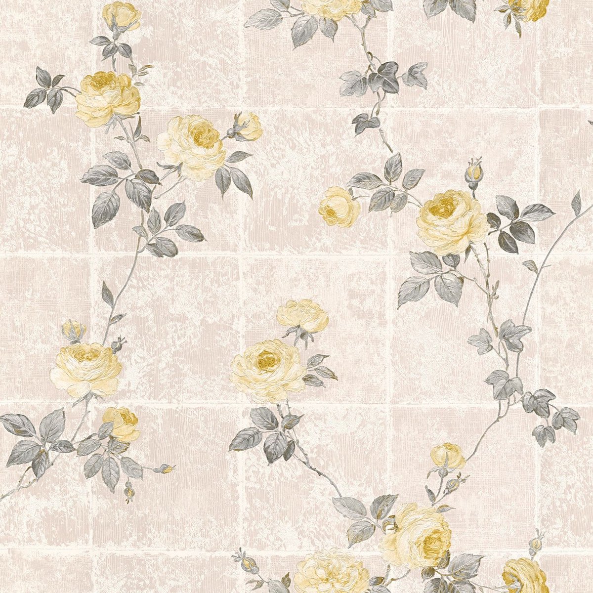 Bloemen behang Profhome 345013-GU vliesbehang licht gestructureerd met bloemen patroon mat geel grijs zilver beige 5,33 m2