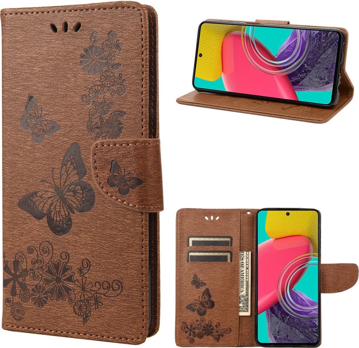 Mobigear Telefoonhoesje geschikt voor Samsung Galaxy M53 Hoesje | Mobigear Butterfly Bookcase Portemonnee | Pasjeshouder voor 2 Pasjes | Telefoonhoesje voor Pinpas / OV Kaart / Rijbewijs - Bruin