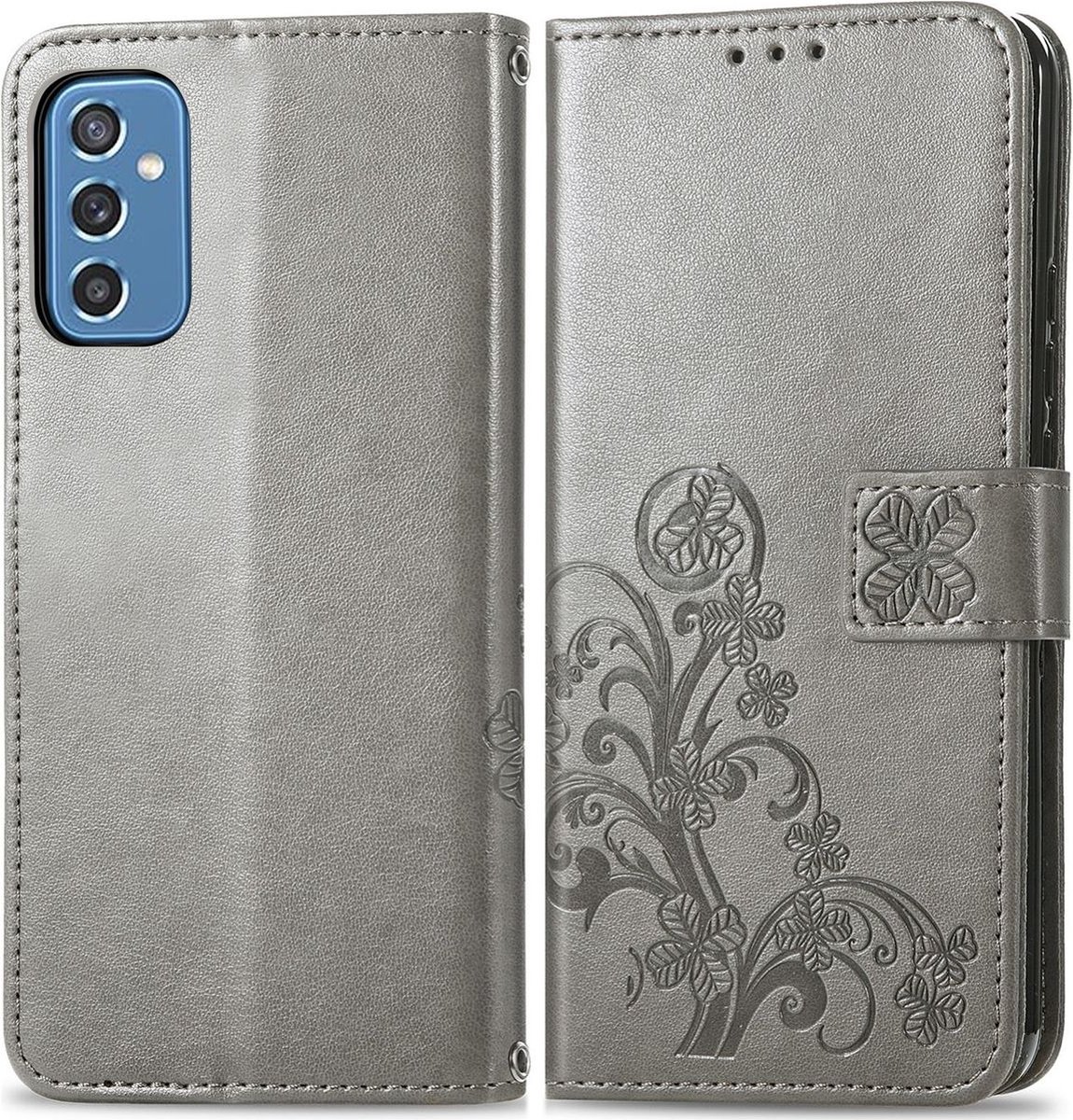 Mobigear Telefoonhoesje geschikt voor Samsung Galaxy M52 Hoesje | Mobigear Clover Bookcase Portemonnee | Pasjeshouder voor 3 Pasjes | Telefoonhoesje voor Pinpas / OV Kaart / Rijbewijs - Grijs