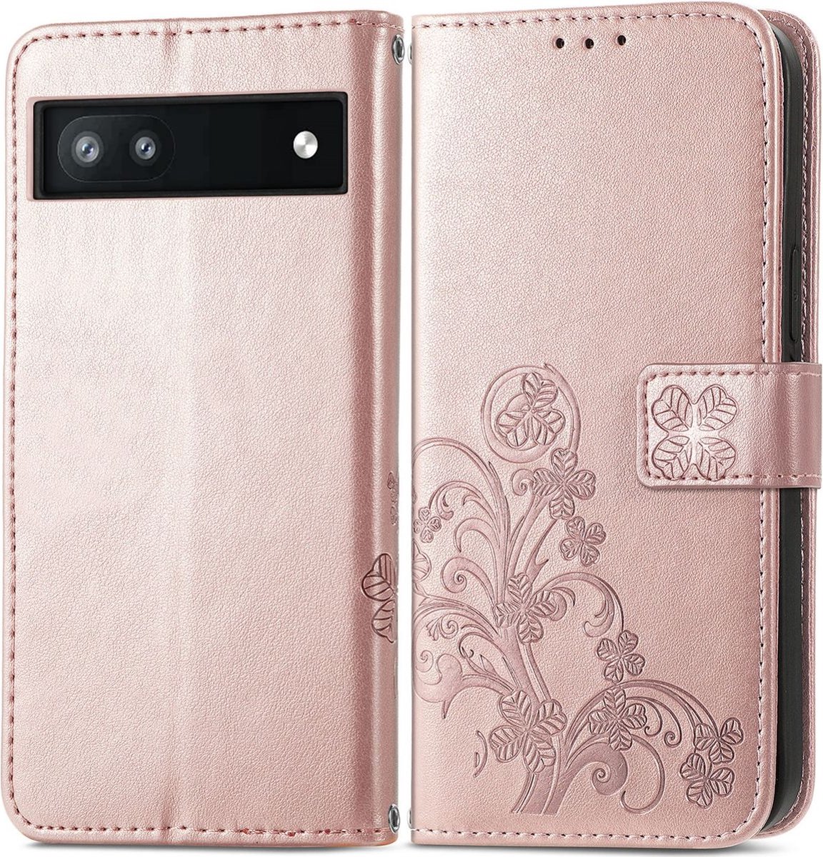 Mobigear Telefoonhoesje geschikt voor Google Pixel 6a Hoesje | Mobigear Clover Bookcase Portemonnee | Pasjeshouder voor 3 Pasjes | Telefoonhoesje voor Pinpas / OV Kaart / Rijbewijs - Roségoud