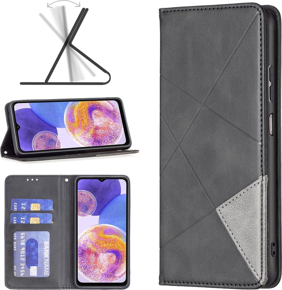 Mobigear Telefoonhoesje geschikt voor Samsung Galaxy A23 Hoesje | Mobigear Rhombus Slim Bookcase | Pasjeshouder voor 2 Pasjes | Telefoonhoesje voor Pinpas / OV Kaart / Rijbewijs - Zwart
