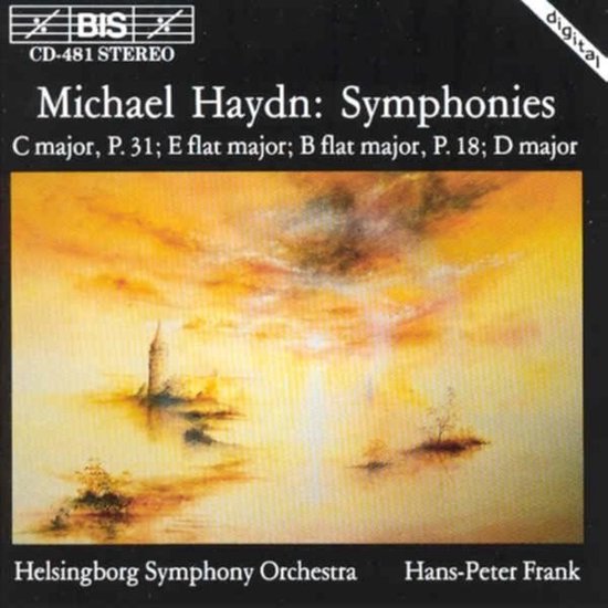 Albumhoes met abstracte aquarel van oranje en gele tinten, met een toren en eilanden. Titel: Michael Haydn: Symphonies.