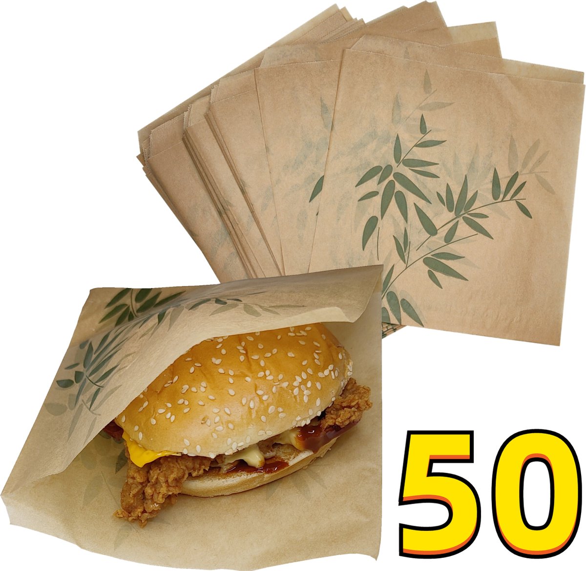 Rainbecom - 50 Stuks - 19 x 17 cm - Hamburger Zakje Papier - Vetvrij Papier - Papieren Zak voor Sandwiches - Bamboe