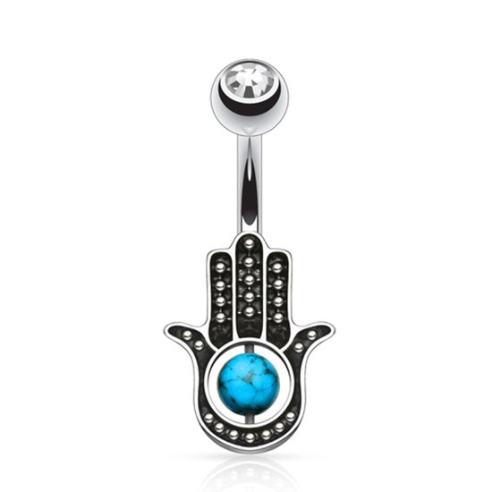 Piercing de nombril argenté avec pendentif détaillé en forme de main et pierre turquoise.