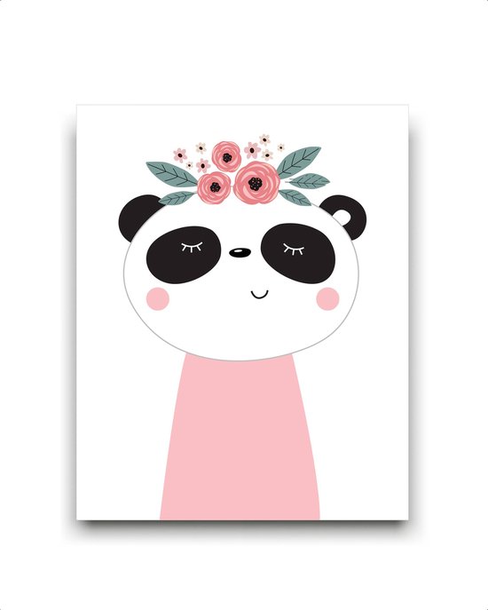 Schilderij  lieve panda met bloemetjes - roze / Dieren / Babykamer - kinderkamer / 40x30cm