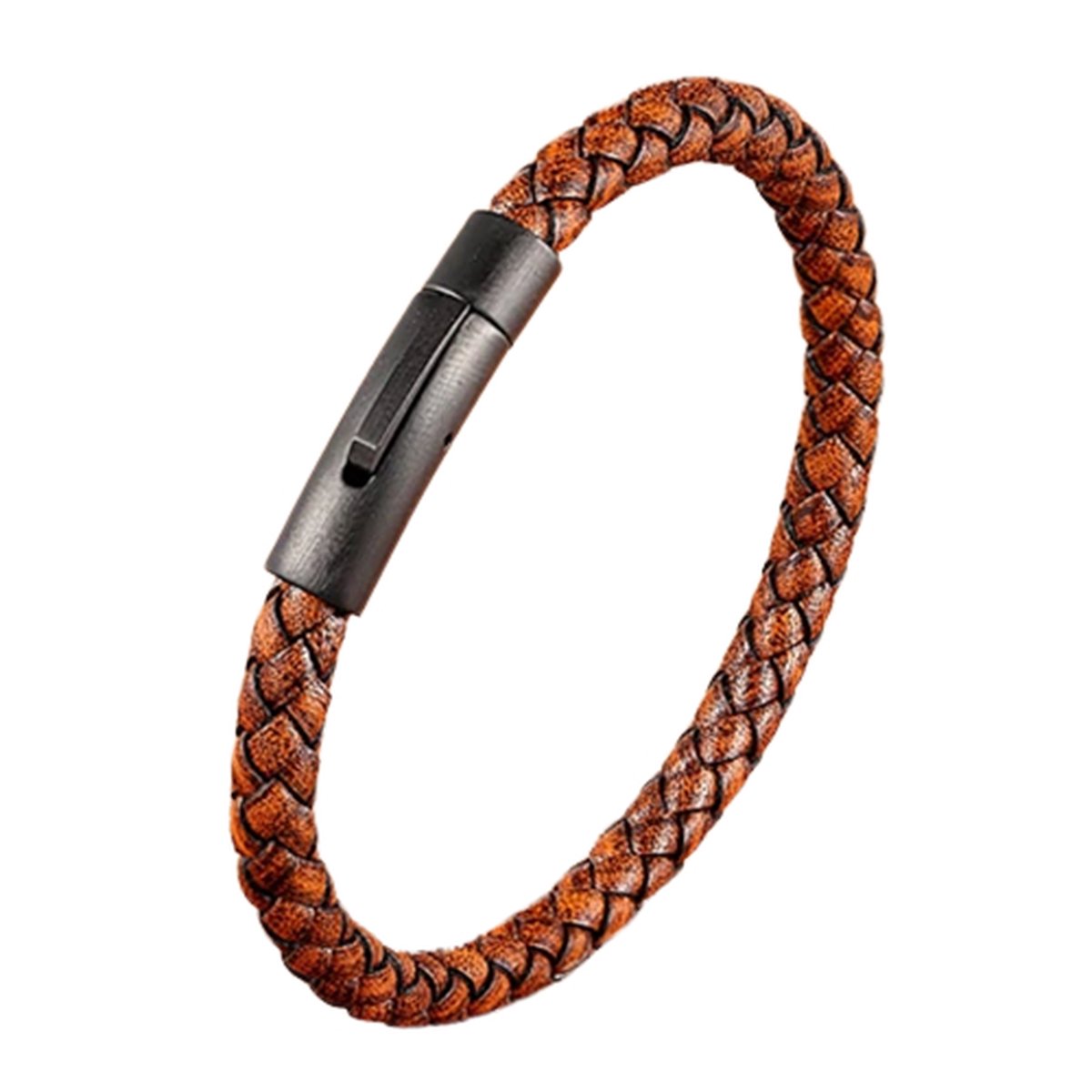 Malinsi® Armband Heren - Bruin - Gevlochten Leer met RVS Kliksluiting - Armbandje Mannen 21 cm