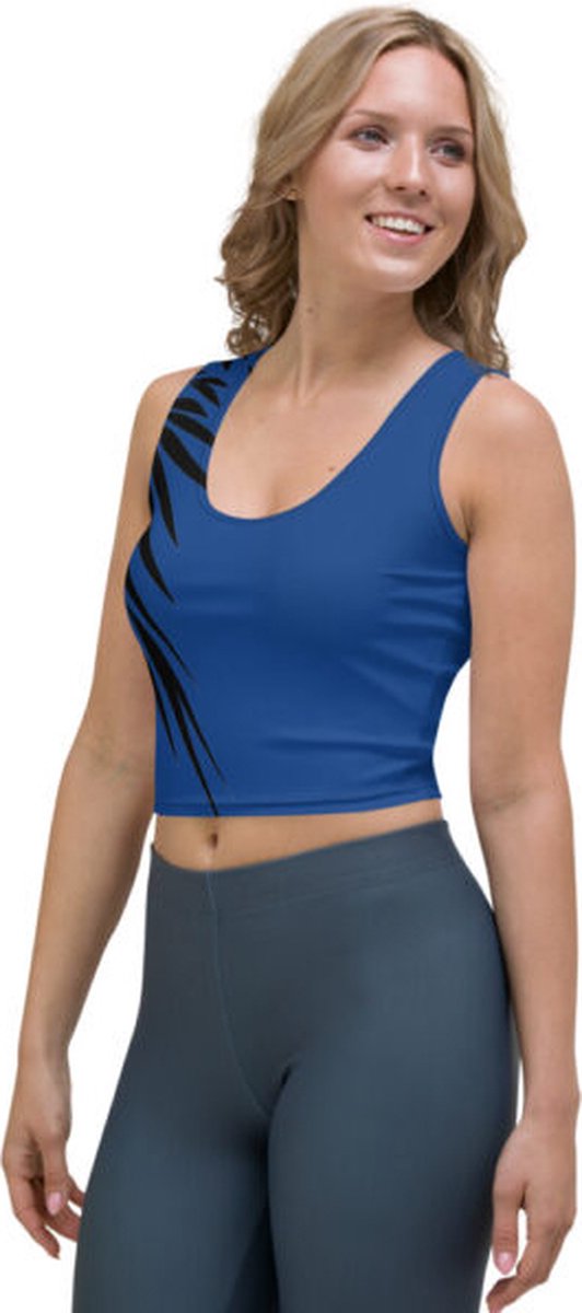 CropTop - design Power Up - Dry Fit - High Performance - unieke print - 4way stretch - UPF 50+ - Hardloop - Yoga - Fitness - Dans - Pilates - Training - Sport Top - dames - kobaltblauw zwart - maat XS