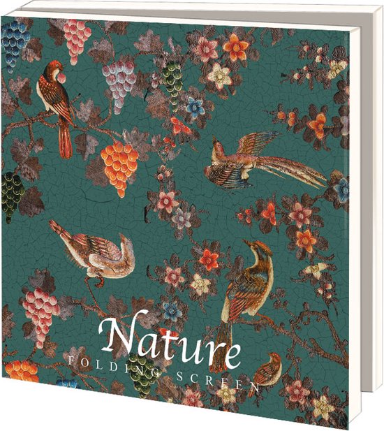Vouwscherm 'Nature' met een groen fond en gedecoreerd met vogels, bloemen en druiven. Tekst 'Nature Folding Screen'.