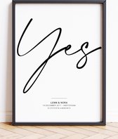 YES POSTER (30 x 40 cm) | Gepersonaliseerd met datum | Gepersonaliseerd met naam | Gepersonaliseerde trouwposter | Jubileum cadeau | Koppel cadeau | Relatie | Trouwen | Samenwonen