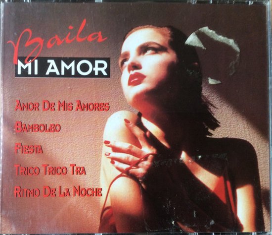 Compact disc hoes met 'Baila Mi Amor' en een vrouw met rode lippen en open mond.