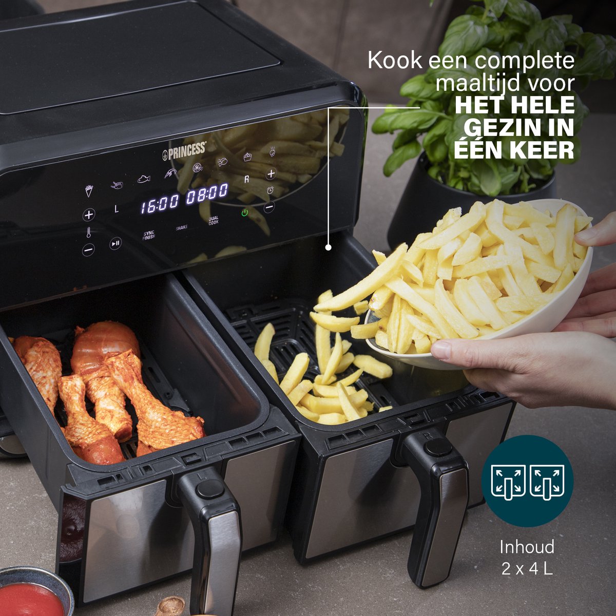 Princess Double Basket Airfryer 182074 - Dubbele Airfryer - 9 liter - 2 manden - XL - 8 programma's- 2400W - Dubbele heteluchtfriteuse - PFAS vrij - Touchscreen - RVS/Zwart - Sync functie — afbeelding 6