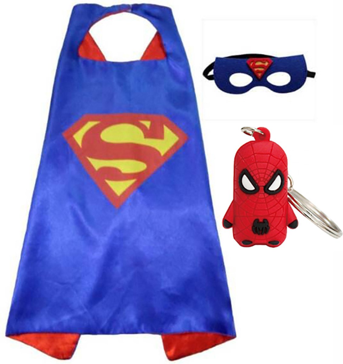 Superman - Carnaval - Kostuum - verkleedkleren jongen - Superheld verkleedpak blauwe cape + masker + Spinnenheld hanger - maat 98-128