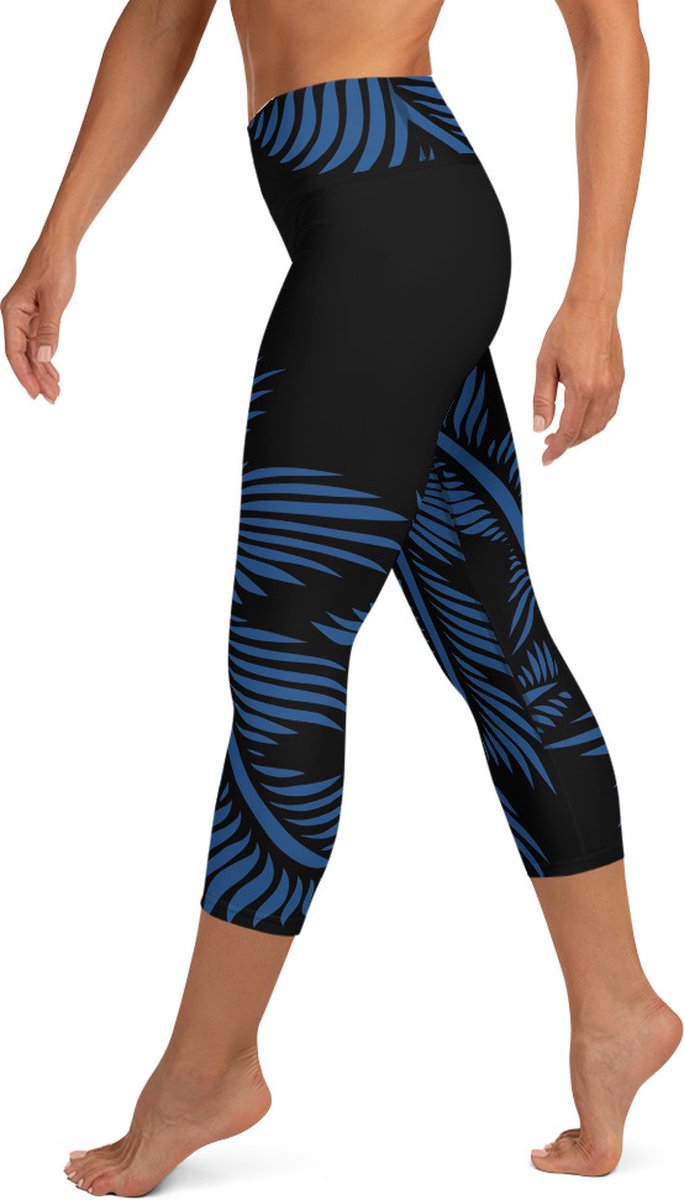 Sportlegging - Capri 3/4 - design Lines 4 Peace - High Waist - Dry Fit - High Performance - 4way stretch - unieke print - UPF 50+ - Hardloop - Yoga - Fitness - Dans - Pilates - Training - sportbroek - zwart klassiekblauw -dames- maat XS
