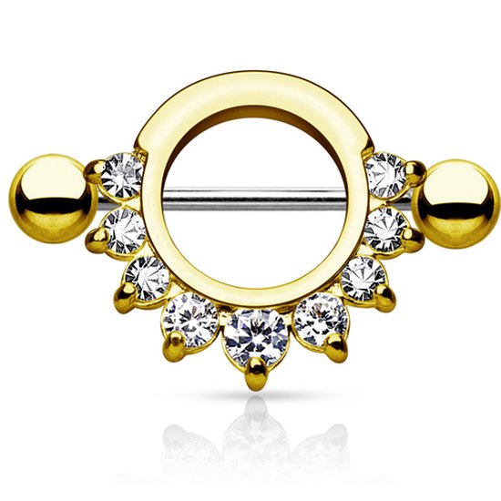 Piercing téton demi-cercle CZ pierres blanches plaqué or © LMPiercings