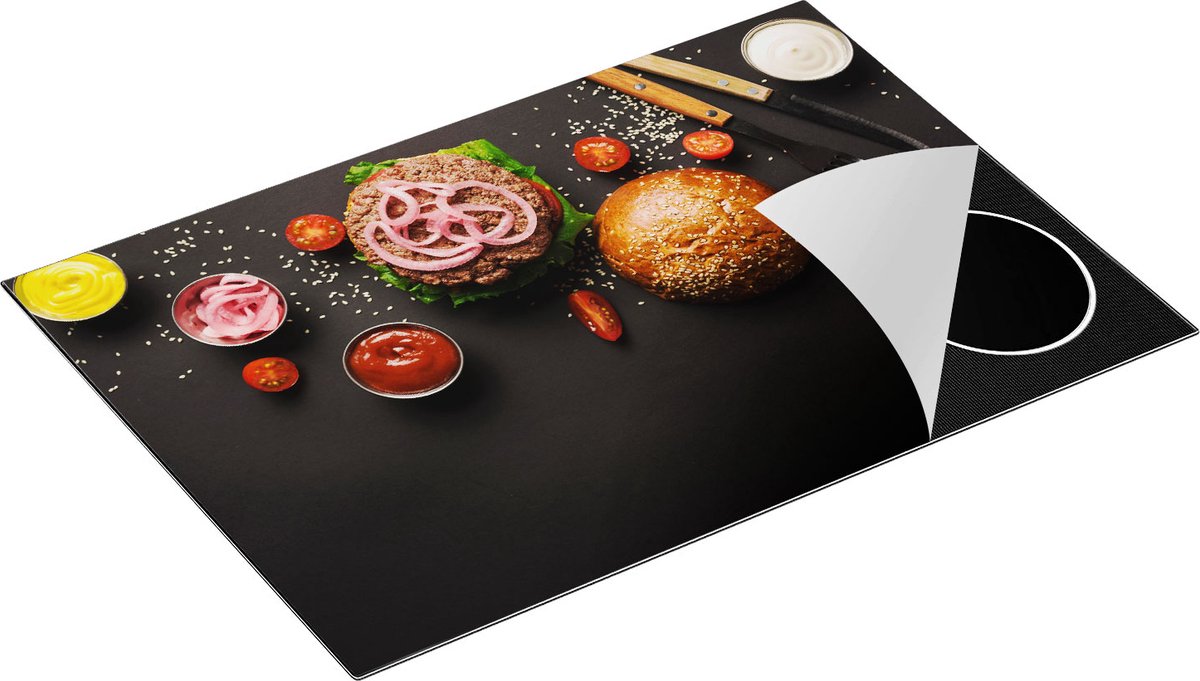 Chefcare Inductie Beschermer Hamburger Ingrediënten op een Zwarte Marmeren Plaat - 76x51,5 cm - Afdekplaat Inductie - Kookplaat Beschermer - Inductie Mat