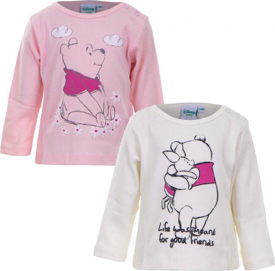 Set van twee longsleeves: een roze met Winnie de Poeh en bloemen, en een off-white met Winnie de Poeh en Piglet.