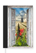 Notitieboek - Schrijfboek - Bloemen - Molen - Lente - Doorkijk - Notitieboekje klein - A5 formaat - Schrijfblok