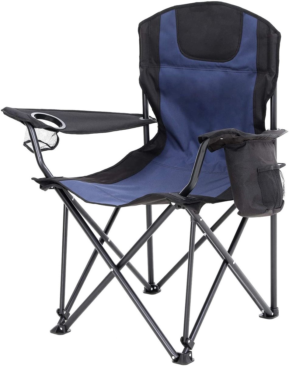 Opvouwbare campingstoel - met hoge rugleuning en bekerhouder en thermische zak - comfortabel en resistente structuur - max. gewicht 250 kg buitenstoel - blauw en zwart