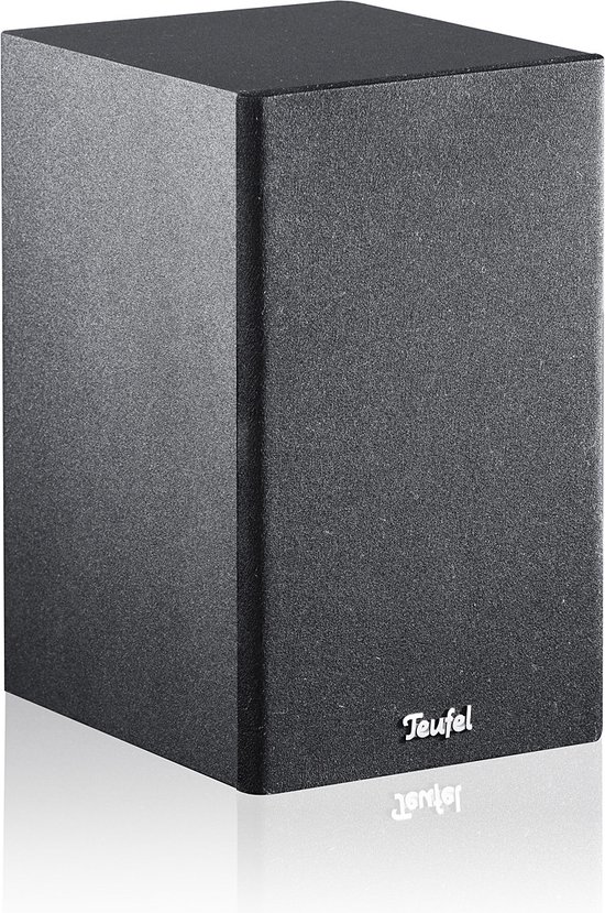 Zwarte compacte luidspreker met Teufel logo op de voorkant.
