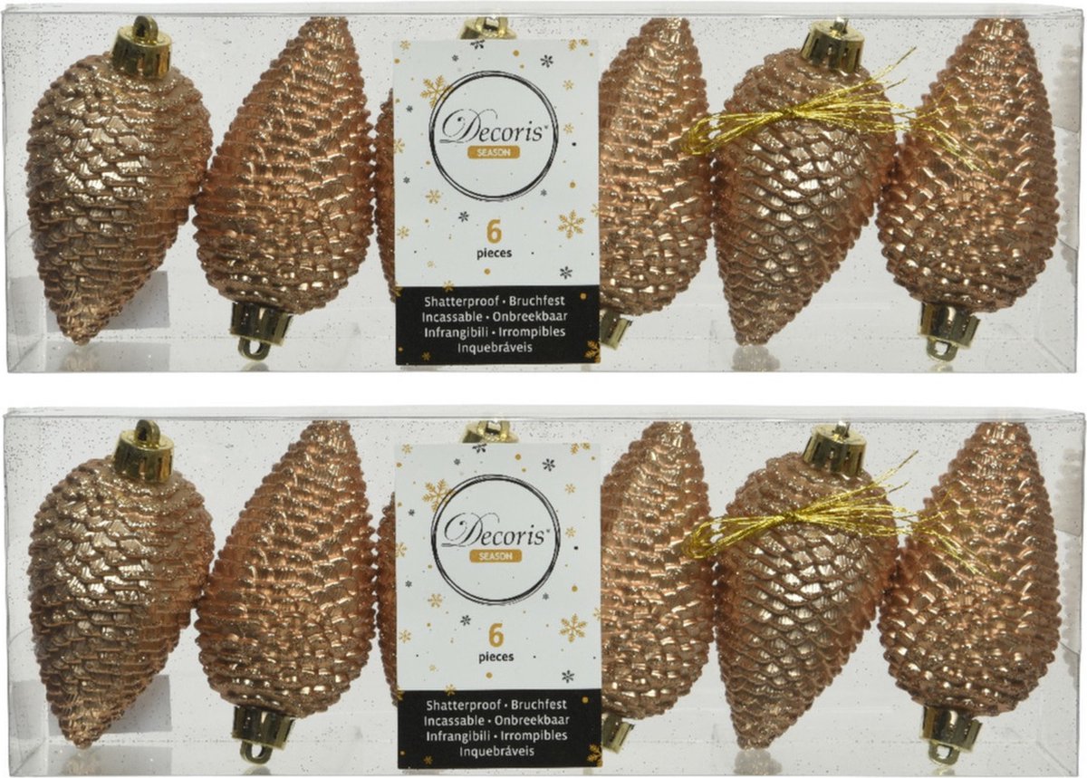 Decoris Kersthangers dennenappels - 24x - toffee bruin - glitter - 8 cm - kunststof - kerstversiering