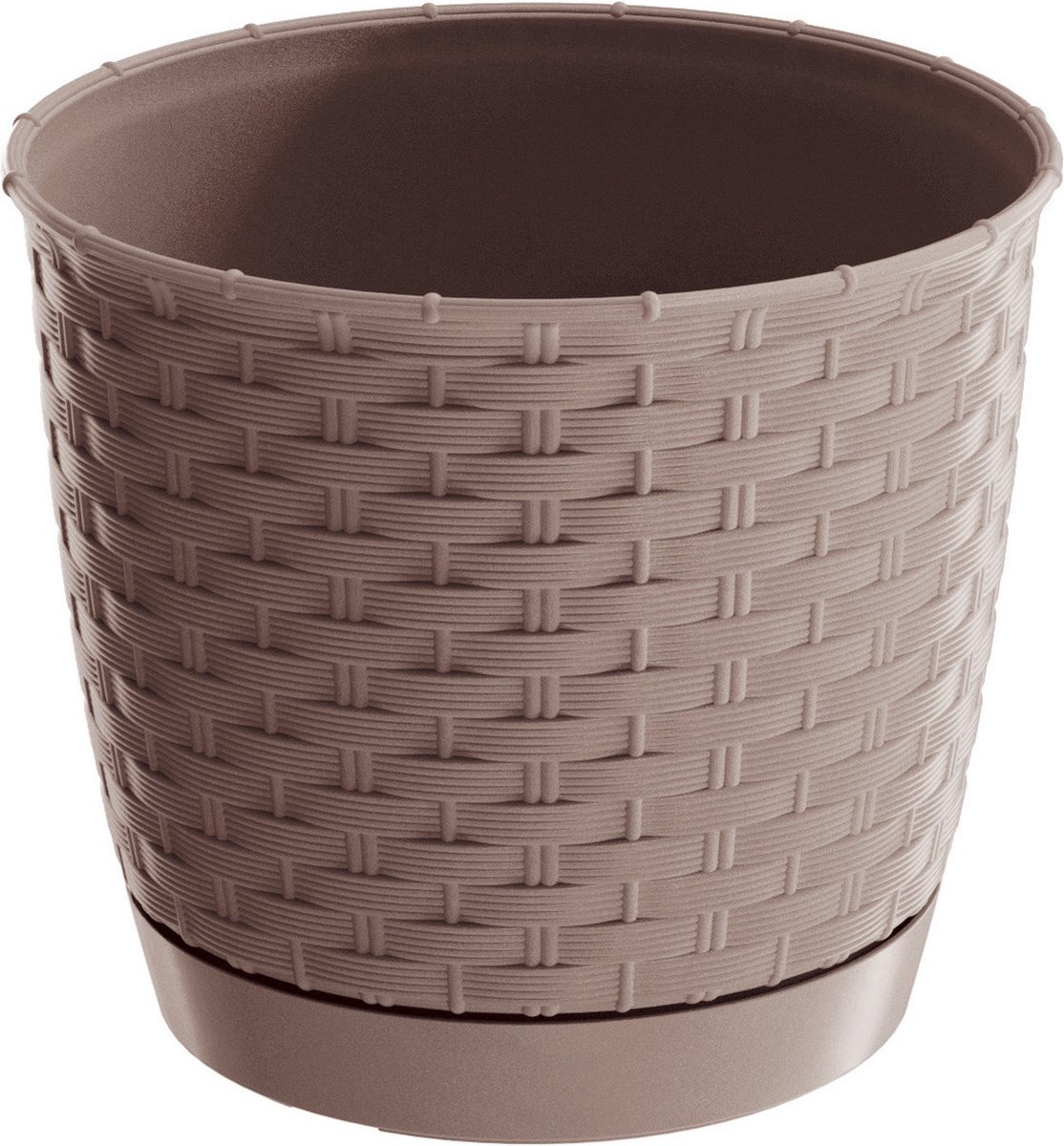 Ronde gevlochten plantenpot/bloempot kunststof dia 19 cm en hoogte 16,5 cm in het taupe