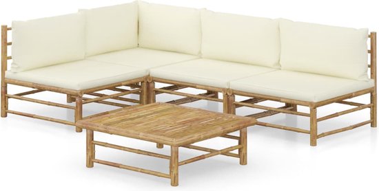 vidaXL - 5-delige - Loungeset - met - crèmewitte - kussens - bamboe
