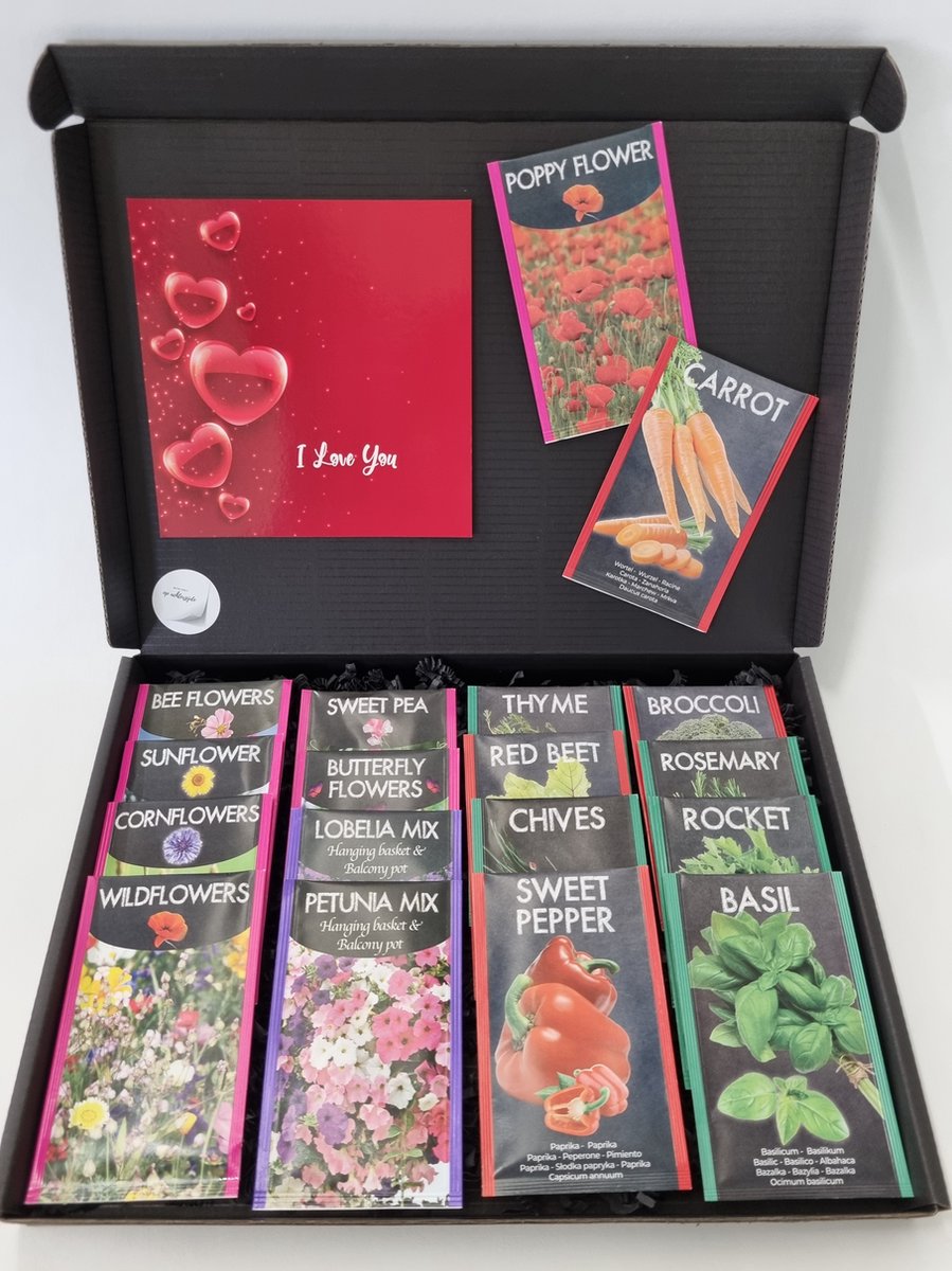 Zaden Pakket met Mystery Card 'I Love You' met jouw eigen persoonlijke videoboodschap. Pakket met 18 verschillende bloemen-, kruiden- en groentenzaden in 1 box door de brievenbus. | Verjaardag | Vaderdag | Moederdag | Kerst | Sinterklaas | Jubileum