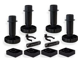 Stelpoten / Meubelpoten 100mm (4x) - Inclusief 4 montageblokken, 2 plintclippen & 2 plintclip montageplaten - Draaggewicht 450kg - Kunststof - Pootjes voor keukens