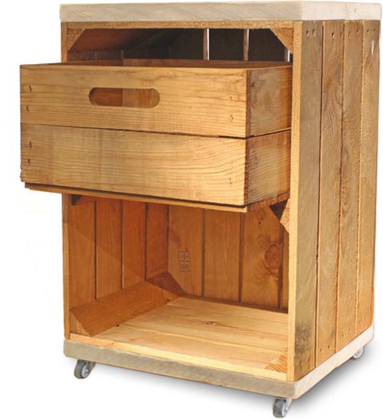 Nachtkastje Bruin met legplank Bruin - Incl. Lade Bruin - Met zwenkwielen - Met Steigerhout Old-Look onder en bovenzijde - 40x30x60cm
