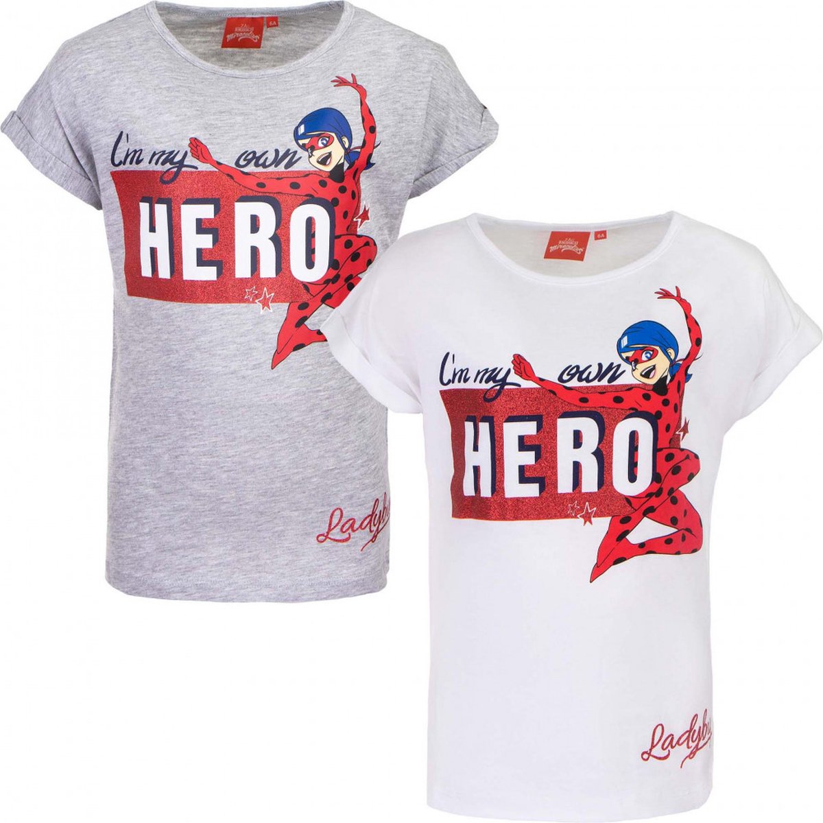 2pack tshirt miraculous grijs en wit maat 116 6jaar