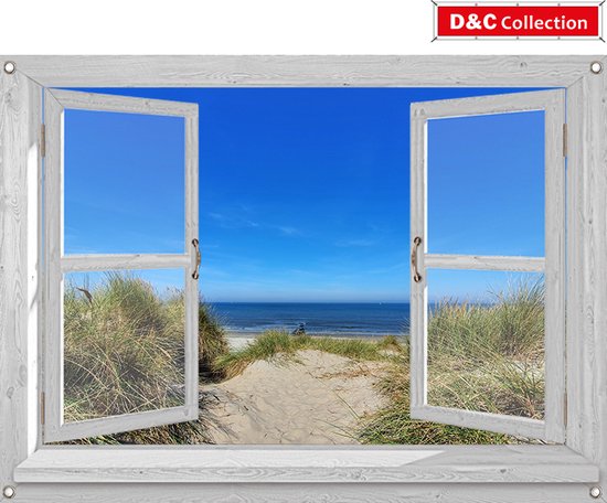 D&C Collection - tuinposter - 90x65 cm - doorkijk - Openslaand venster wit - luxe uitvoering -duinovergang naar strand - balkonposter - tuindoek - tuin decoratie