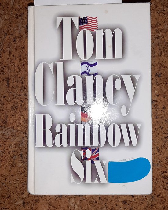 Livre 'Rainbow Six' de Tom Clancy, avec les drapeaux des États-Unis, d'Israël, d'Allemagne et du Royaume-Uni.
