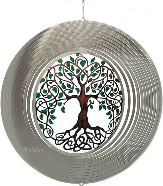 Zilverkleurige windspinner met een 'Tree of Life' afbeelding in groen en bruin.