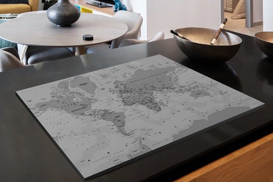 KitchenYeah® Inductie beschermer 81.2x52 cm - Abstracte wereldkaart met schaduwen - zwart wit - Kookplaataccessoires - Afdekplaat voor kookplaat - Inductiebeschermer - Inductiemat - Inductieplaat mat
