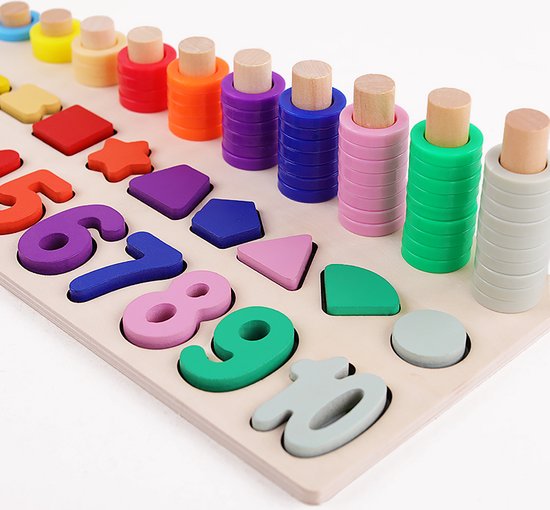 Thumbnail van een extra afbeelding van het spel Montessori Educatief Houten Leerspel - Leren Tellen, Vormen herkennen, Nummers herkennen - Mooie kleuren