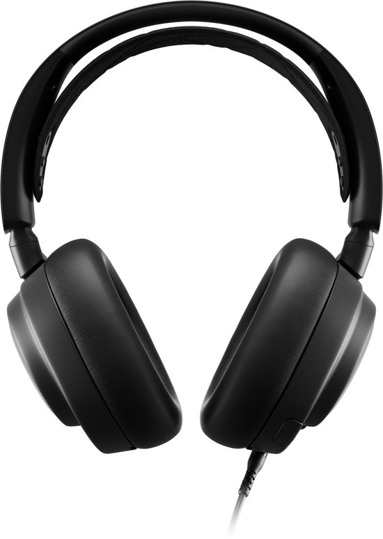 Zwarte gaming headset, frontaal gefotografeerd met zwarte achtergrond.