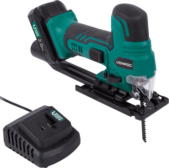 VONROC Accu decoupeerzaag VPower 20V – Ergonomische T-handgreep – Instelbare snelheid & zaaghoek – Incl. 2.0Ah accu en snellader